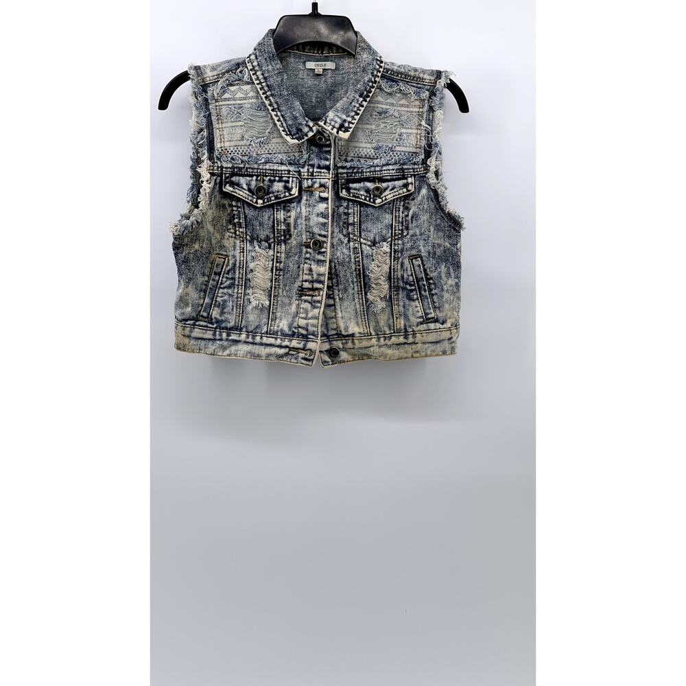 CHIQLE Women's Blue Denim Architect Distressed Button-Up Sleeveless Vest SZ L
